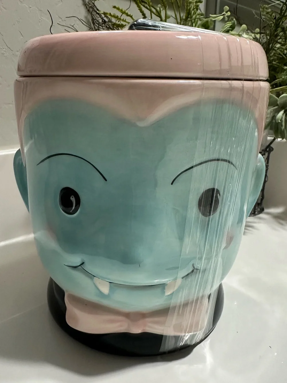 Brand New Pastel Vampire Halloween Ceramic Cookie Jar Pink & Blue